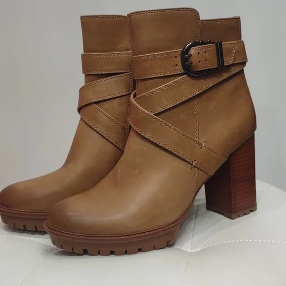 Lyra Naturalizer women's high heels boots TAN buckle water repellent 9 1/2 new - Picture 2 of 8